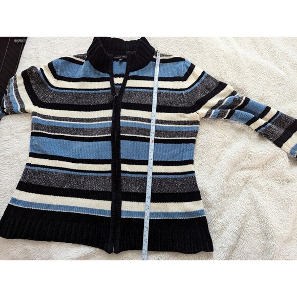 Carolyn Taylor Size Small Baby Blue White And Black Striped Knit Zip Up Sweater - Picture 4 of 12